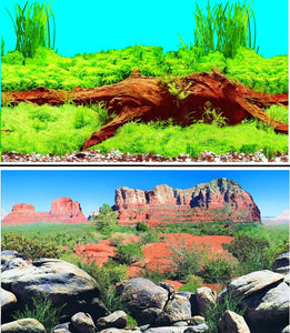 a double sided aquarium background with bogwood and a rocky desert scene