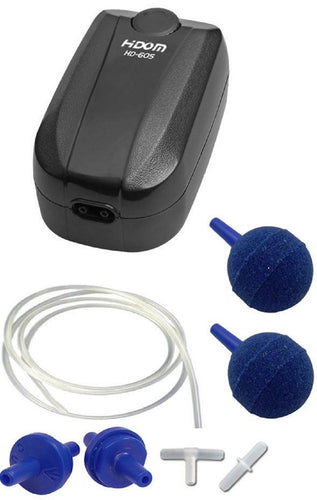 a glossy black twin outlet aquarium air pump with an adjustable dial and a selection of accessories