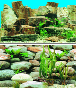 a double sided aquarium background with a backdrop of large rounded pebble stones on one side even larger stones mixed with plants on the other side