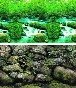 a double sided aquarium background with water rapids and a rock face