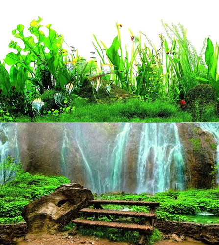 a double sided aquarium background with a waterfall and tropical plants
