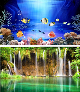 a double sided aquarium background with marine fish and a waterfall