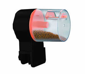 aquarium fish feeder showing transparent pellet and flake holding area
